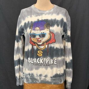Black Pike Grey Tie-Dye Long Sleeve Sweatshirt with Bear Graphic‎
